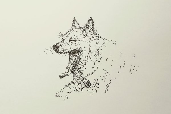 retrato-perro-bostezando-tinta dibujo de un perro a tinta negra sobre papel amarillo